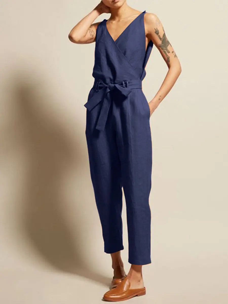 V Neck Belted Jumpsuit