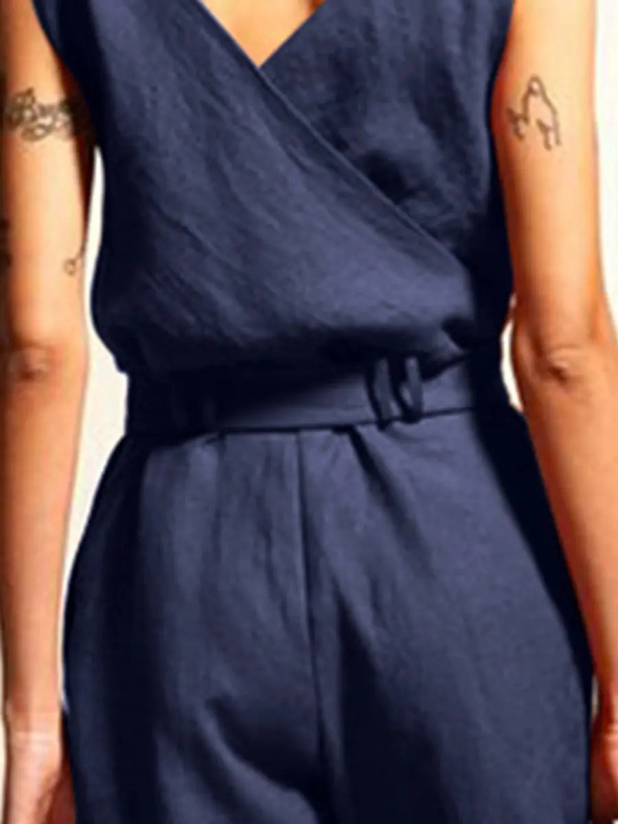 V Neck Belted Jumpsuit